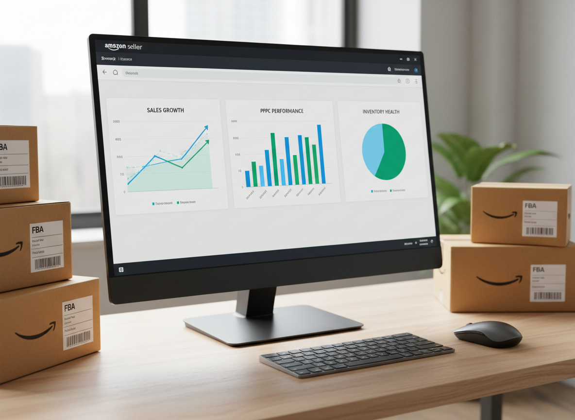 A sleek, modern Amazon seller dashboard displayed on an ultra-thin 32-inch 4K monitor with a matte black frame, showing crisp graphs of sales growth, PPC performance, and inventory health in vibrant blues and greens. The monitor rests on a clean, light oak desk with a brushed aluminum keyboard and mouse, surrounded by neatly stacked cardboard shipping boxes with clear FBA labels and barcodes. Soft daylight from a large unseen window creates gentle reflections on the screen and subtle shadows under the desk accessories. Photographic realism, eye-level composition with a slight angle, sharp focus on the dashboard, background pleasantly blurred for a professional, trustworthy, and data-driven atmosphere.